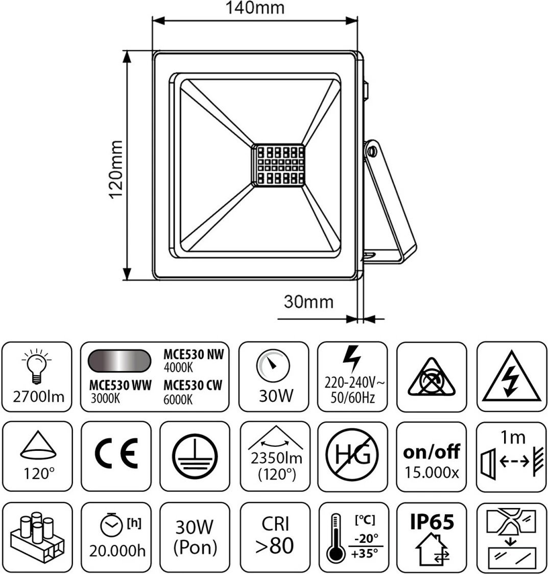 Projektor LED Maclean MCE530 CW, 30 W, 2400 lm, i zi, dritë e bardhë e ftohtë