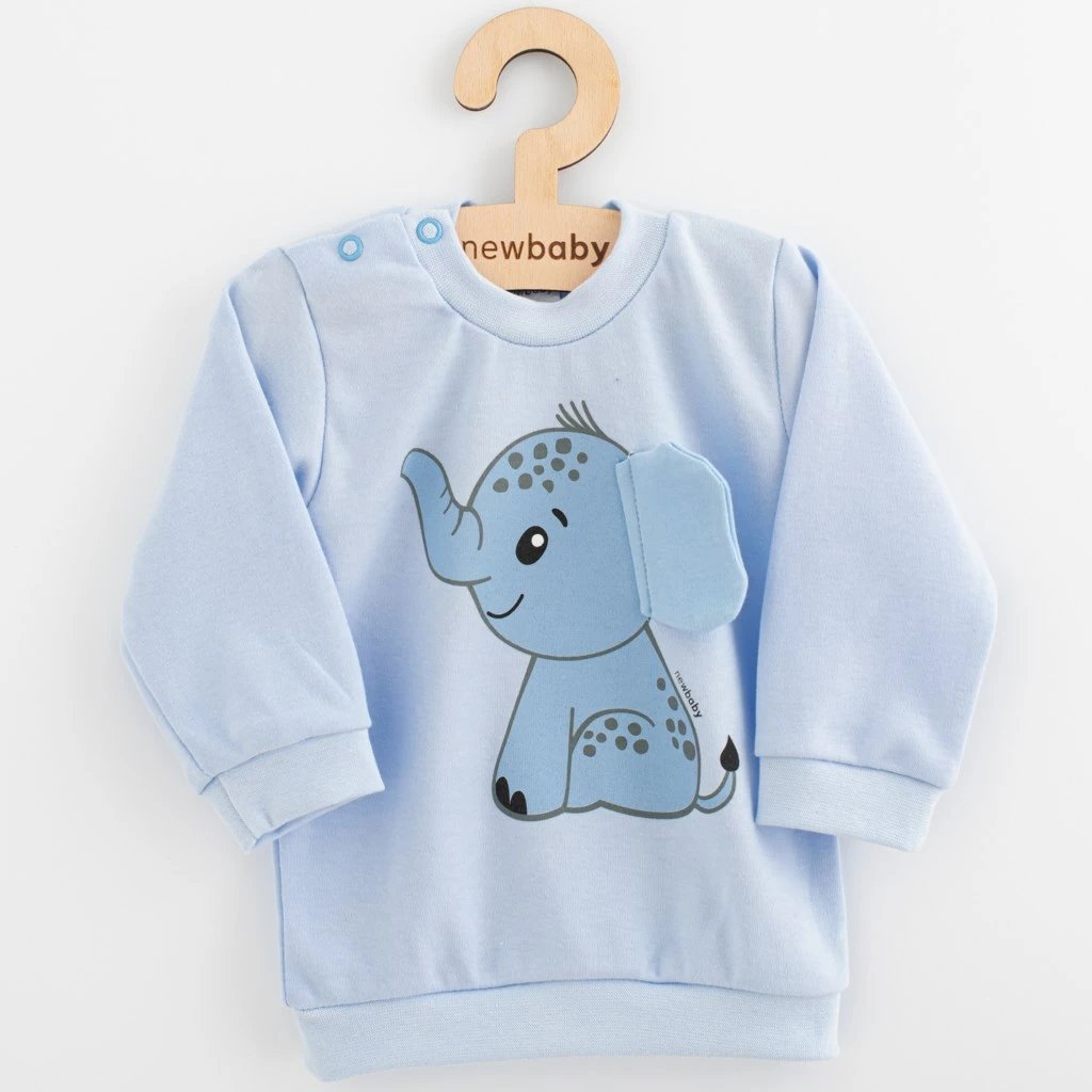Set bebe dy pjesësh, New Baby Happy Elephant, bluzë me mëngë të gjata + pantallona dresa, 100% pambuk, madhësi 80 (9–12m), blu
