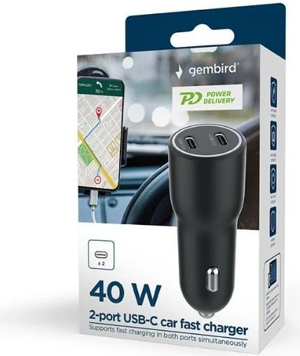 Karikues veture Gembird TA-UC-C2PD40-CAR-01, 2x USB-C, 40W, Zi