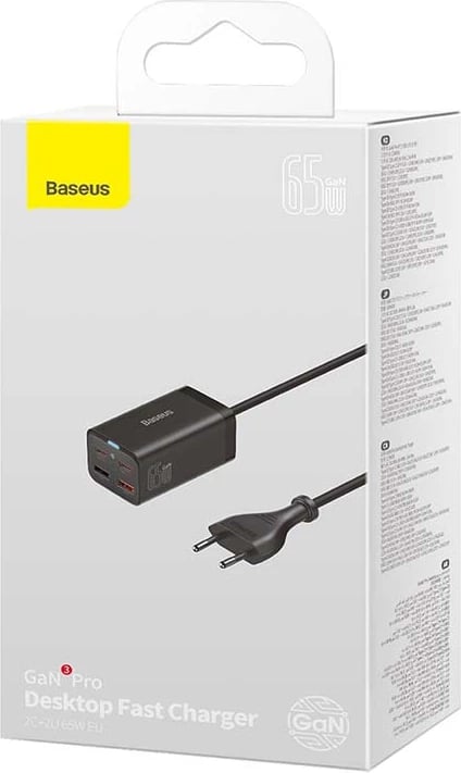 Karikues i shpejtë Baseus GaN3 Pro, 65W, 2x USB-C, 2x USB-A, i zi, me kabllo 1.5m