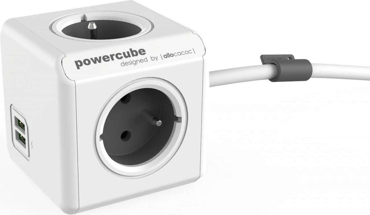 Prizë shumëfunksionale Allocacoc PowerCube Extended USB, 1.5m, 4 dalje, 2 USB, Gri/Bardhë