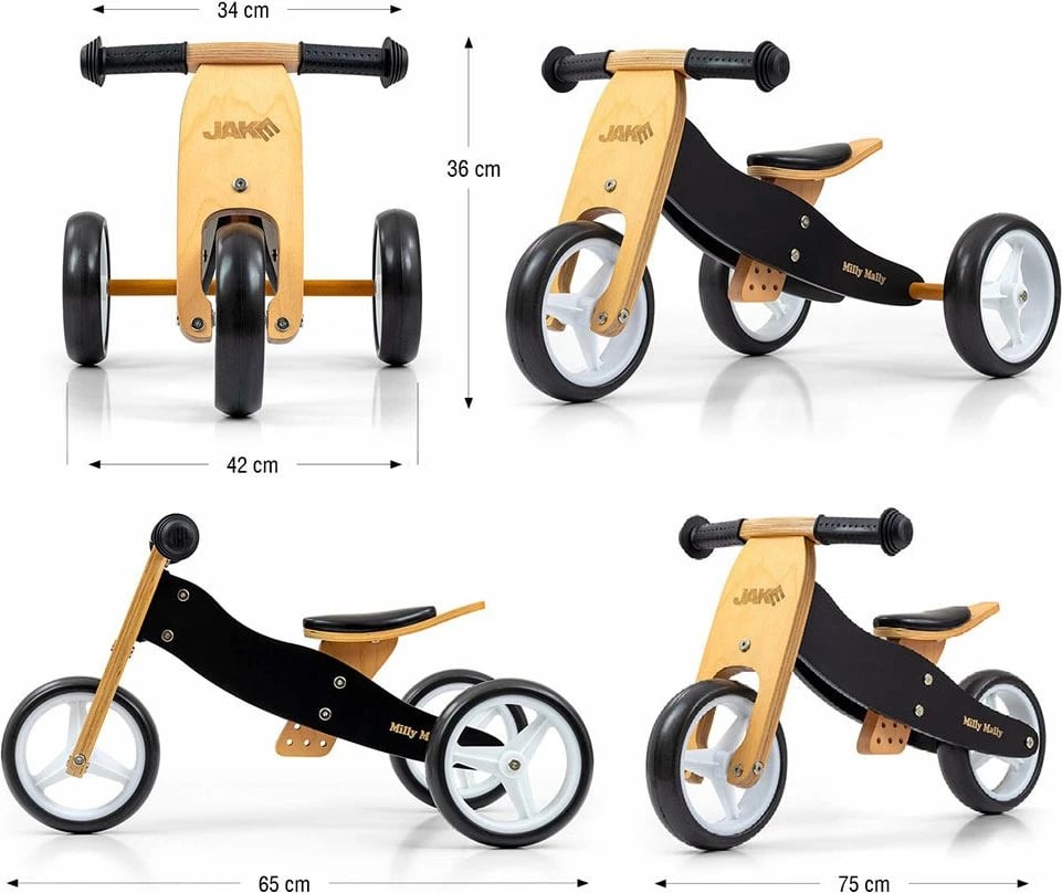 Bicikletë balancuese/Tricikel 2-në-1, Milly Mally, JAKE, rrota shkumë 7", ulëse e rregullueshme, ngarkesë 25 kg, e zezë
