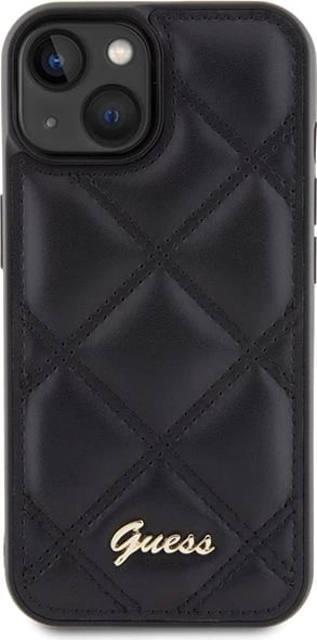 Mbështjellës Guess Quilted Metal Logo për iPhone 15, i zi