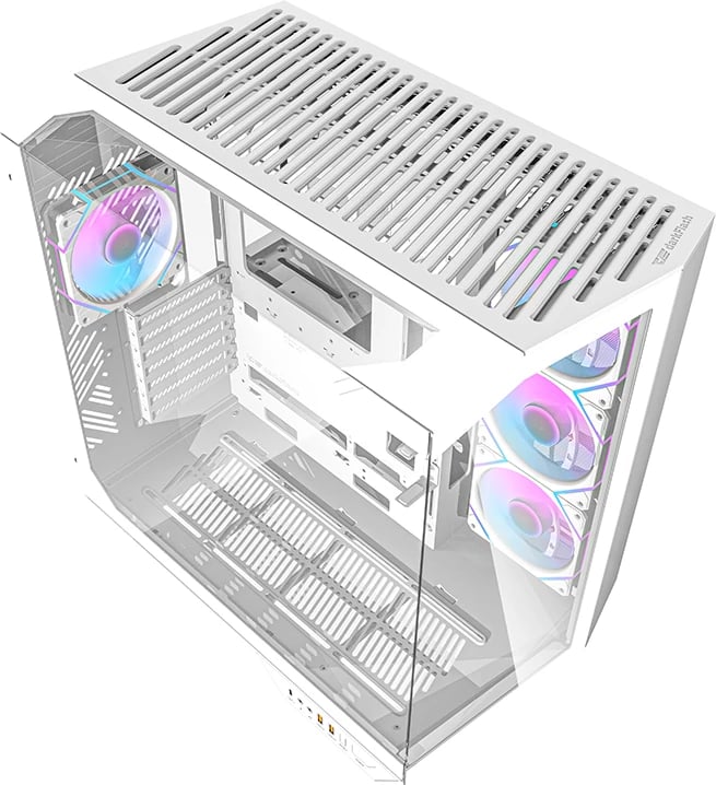 Kasë Darkflash DY470 me 4 ventilatorë ARGB dhe mbajtëse GPU, e bardhë