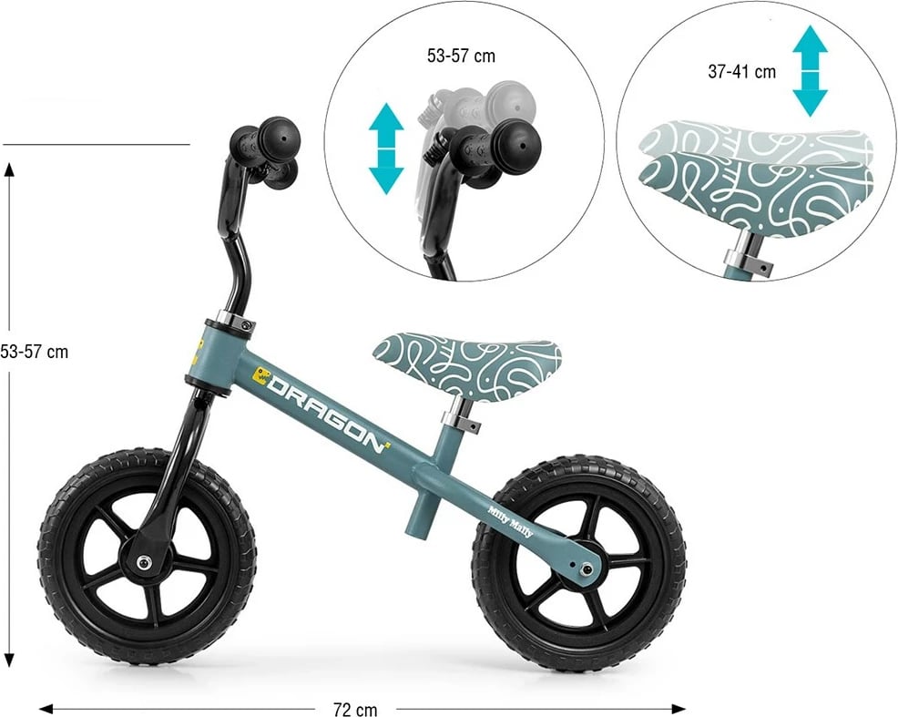 Biçikletë ekuilibri për fëmijë, Milly Mally Dragon, rrota 10", kornizë çelik e lehtë, lartësi selde dhe timoni e rregullueshme, zile, blu