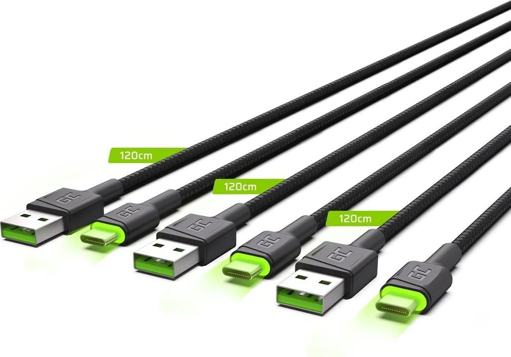 Kabllo USB Green Cell KABGCSET03, 2 m, USB A në USB C, 3 copë, E zezë