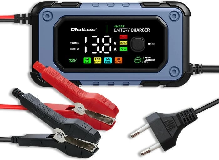 Karikues baterie Qoltec 52486, 12V, 7A, me funksion riparimi, LED, i zi/blu