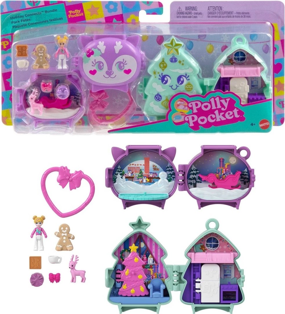 Set lodrash Polly Pocket Christmas Compact 2-pack, Mattel, JGM53, me figurina dhe aksesorë, shumëngjyrësh