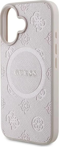 Mbështjellës Guess Saffiano Peony Classic Logo MagSafe për iPhone 16 Plus, Rozë