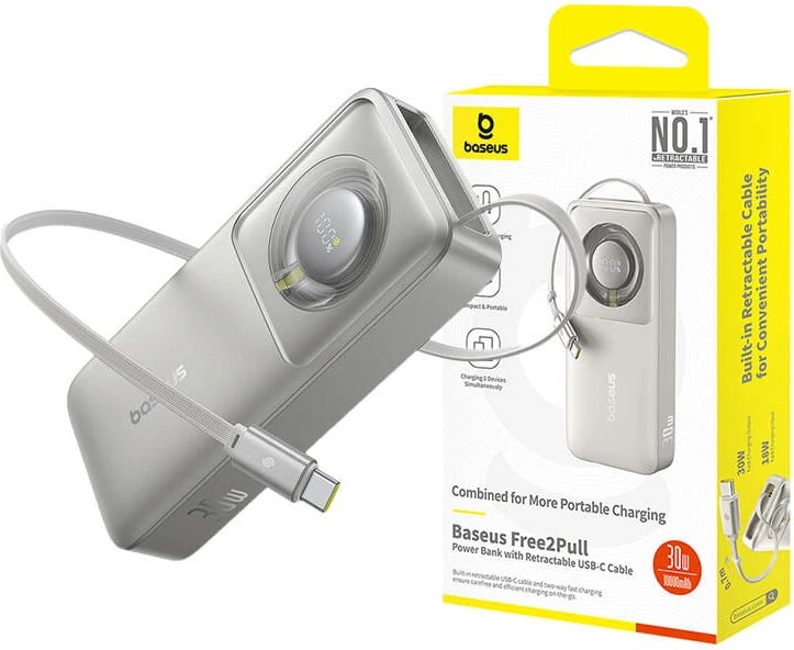 Powerbank Baseus OS Free2Pull 10000mAh 30W me kabllo, Gri