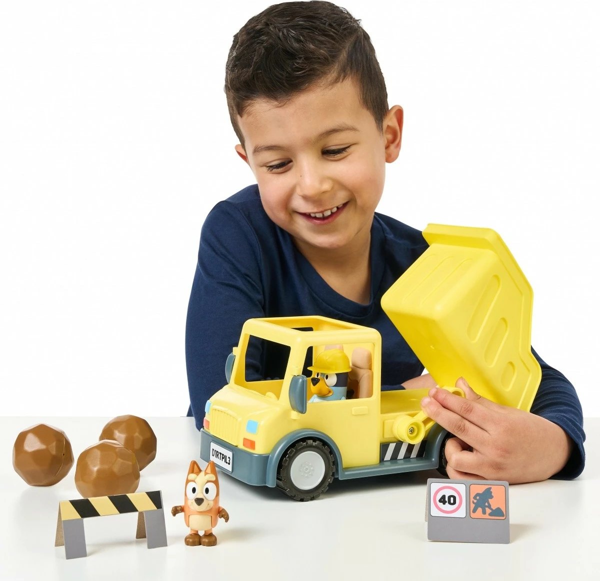 Set lodrash Bluey me kamion dump truck dhe 2 figurina, plastikë, verdhë
