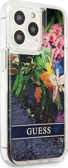 Mbështjellës Guess GUHCP13LLFLSB për iPhone 13/13 Pro 6.1", Flower Liquid Glitter, Blu