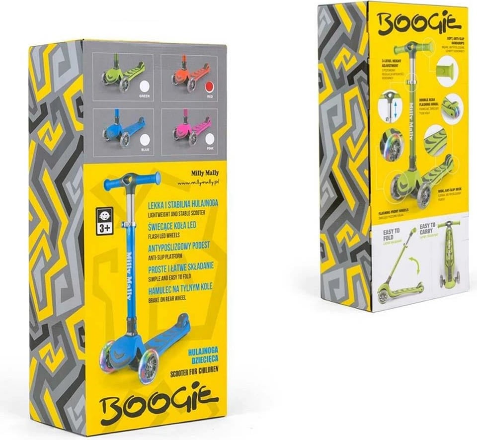 Trotinetë, Milly Mally Boogie, 3 rrota me drita, doreza të buta, timon i rregullueshëm 3 nivele, deri 50 kg, e zezë