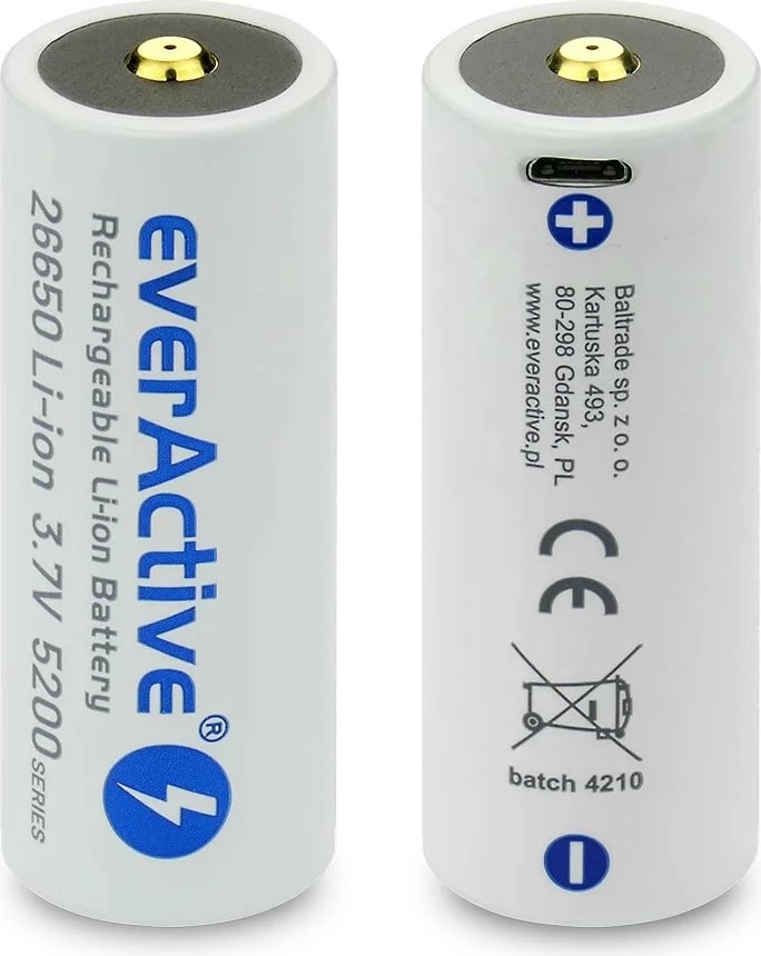 Bateri rikarikueshme Li-ion everActive 26650, 5200 mAh, 3.7V, me micro USB