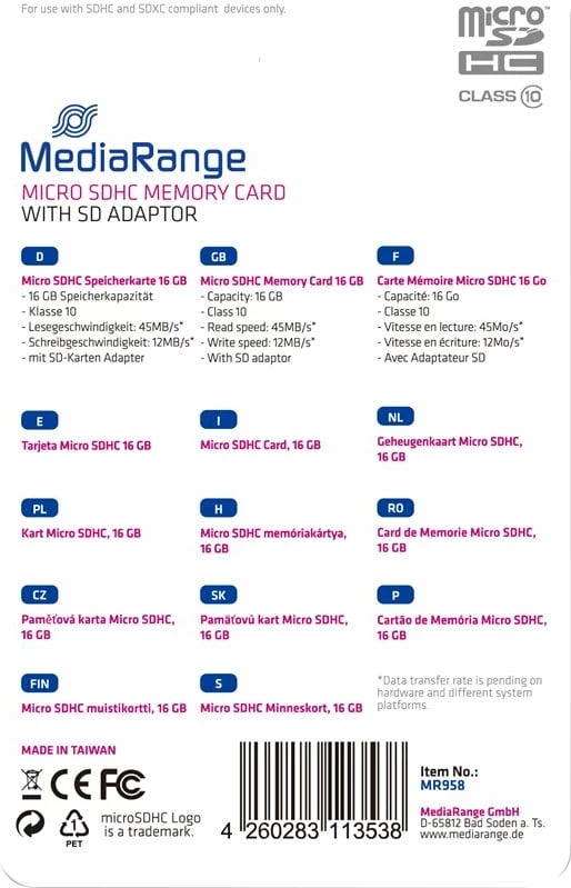 Kartë memorie MediaRange MR958, microSDHC, 16GB, Class 10, me adaptor, e zezë