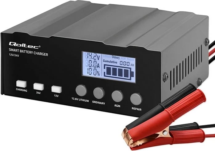 Karikues baterie Qoltec 52491, inteligjent, 12V/12.6V/24V, me funksion riparimi, me ekran LCD