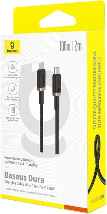 Kabëll Baseus Dura Type C në Type C, 100 W, 2 m, i zi, i artë