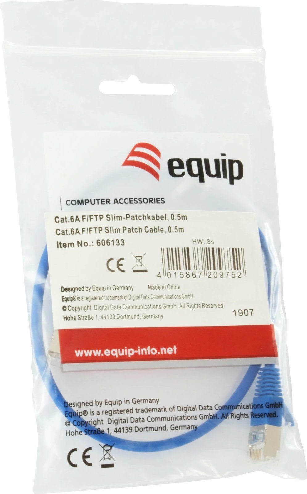 Kabllo rrjeti EQUIP Cat6a F/FTP Slim 0.5m kaltër