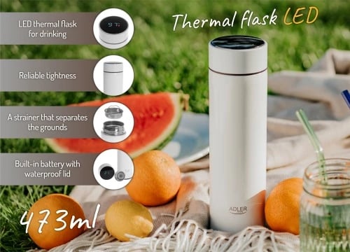 Termus, Adler, AD 4506, 473ml, ekran LED me prekje, izolim vakum, çelik inox SS304, e bardhë