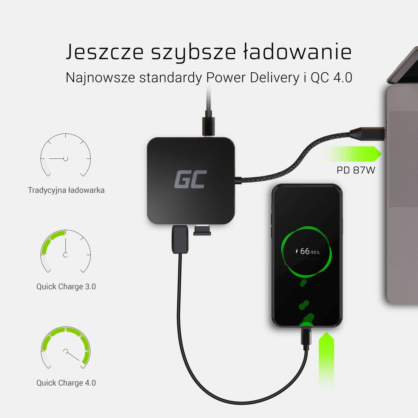 Hub USB Green Cell AK61, USB 3.2 Gen 1, 87 W, Argjendtë
