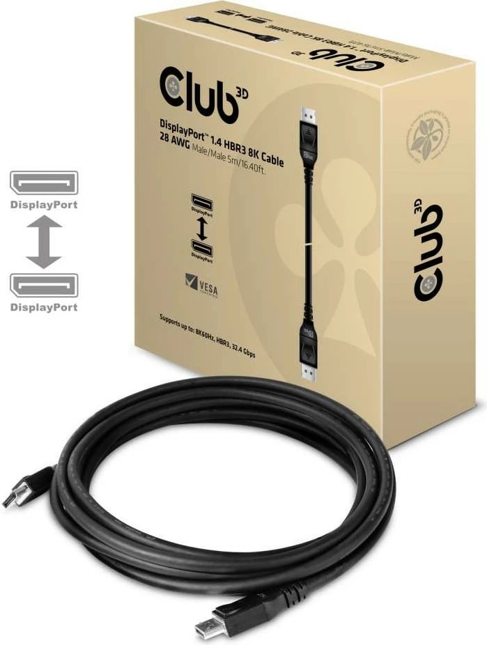 Kabllo DisplayPort Club3D 1.4, 5m, 32.4Gb/s, e zezë