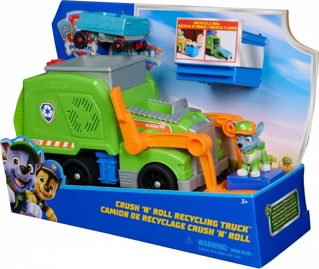 Lodër automjet Paw Patrol Spin Master Rocky Crush N' Roll Recycling Truck, Jeshile/Portokalli