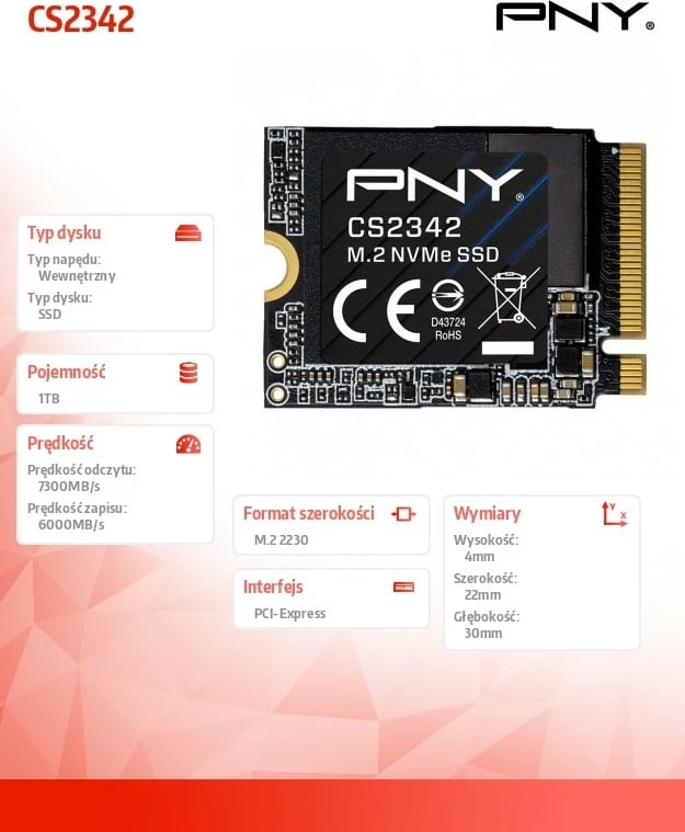 SSD PNY CS2342, 1TB, M.2 2230, NVMe Gen4