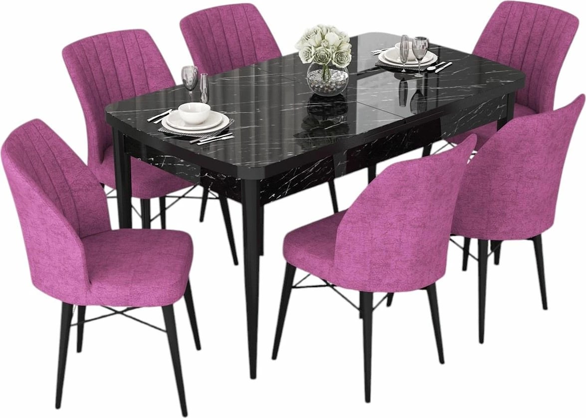 Set tavolinë me karrige për ngrënie, zgjatës, ngjyrë mermeri të zi, lejla, 7 copë, Skye Decor, Nef