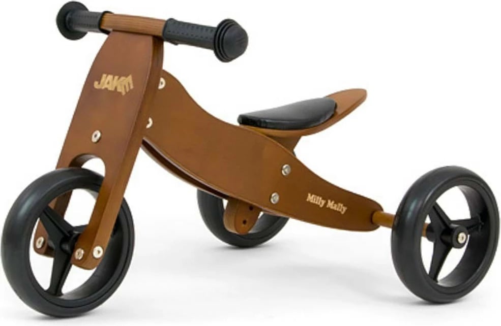 Bicikletë-balancë/tricikel druri 2-në-1, Milly Mally JAKE, rrota shkumë 7", ulëse e rregullueshme, deri 25 kg, Dark Natural kafe