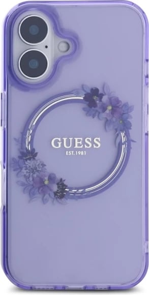 Mbështjellës Guess IML Flowers Wreath MagSafe për iPhone 16, vjollcë