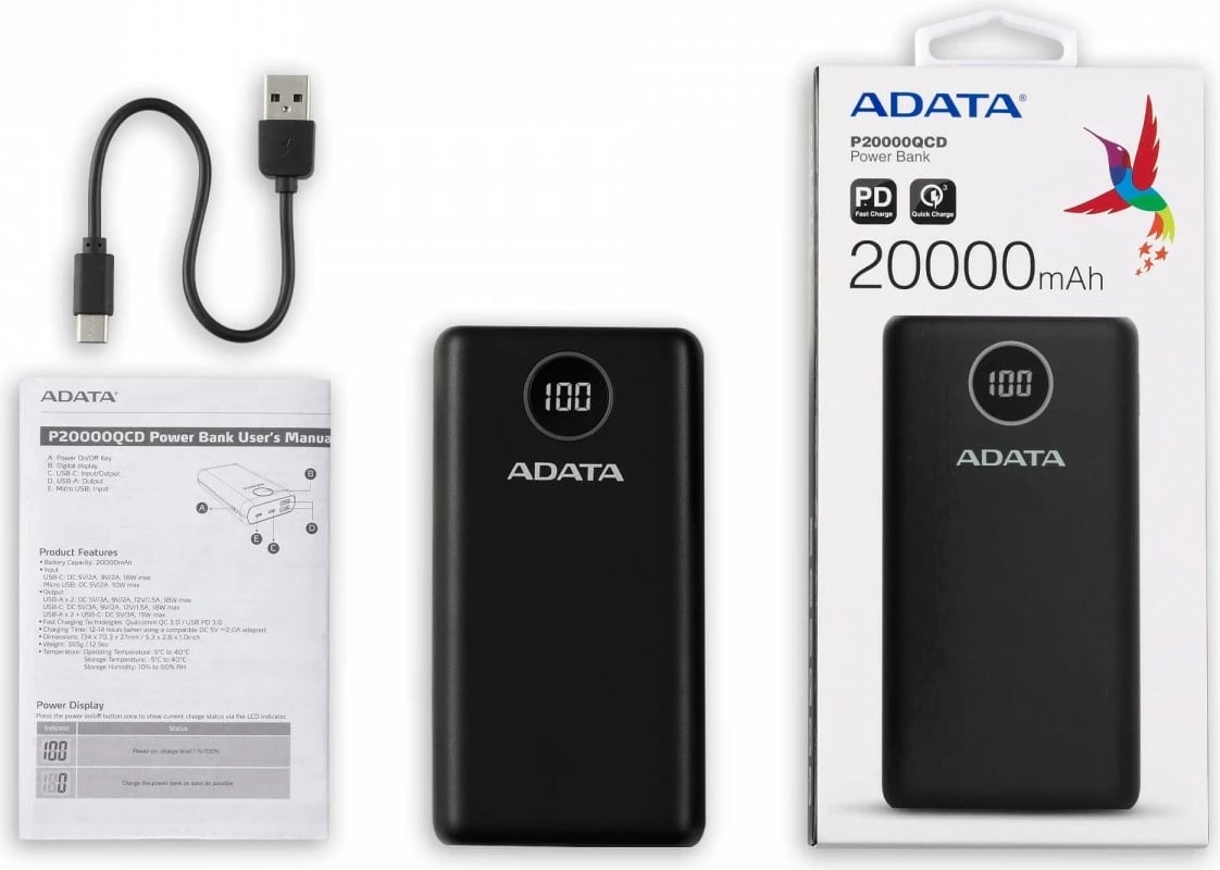 Powerbank ADATA P20000QCD 20000mAh, e zezë