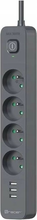 Prizë me mbrojtje Tracer Power Line+ TRALIS47027, 4 dalje + 3x USB A, 1.5m, Grafit