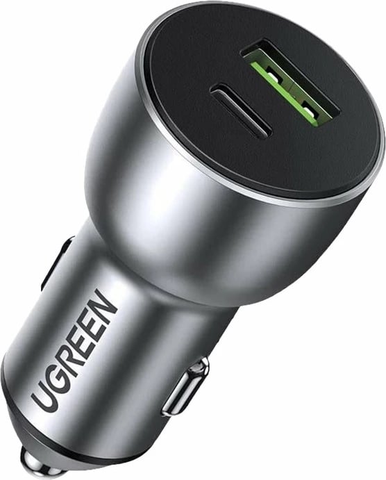 Karikues veture Ugreen 42.5W, trup alumini, 2 dalje USB/USB-C, kaltër e errët