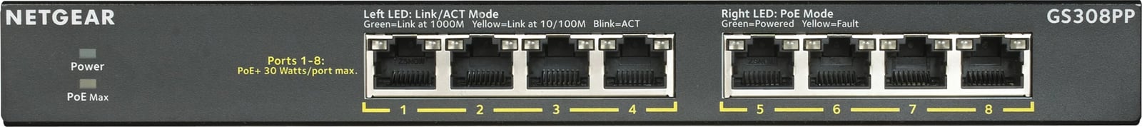 Switch NETGEAR GS308PP, Gigabit Ethernet, PoE, Montim në rack, Montim në mur