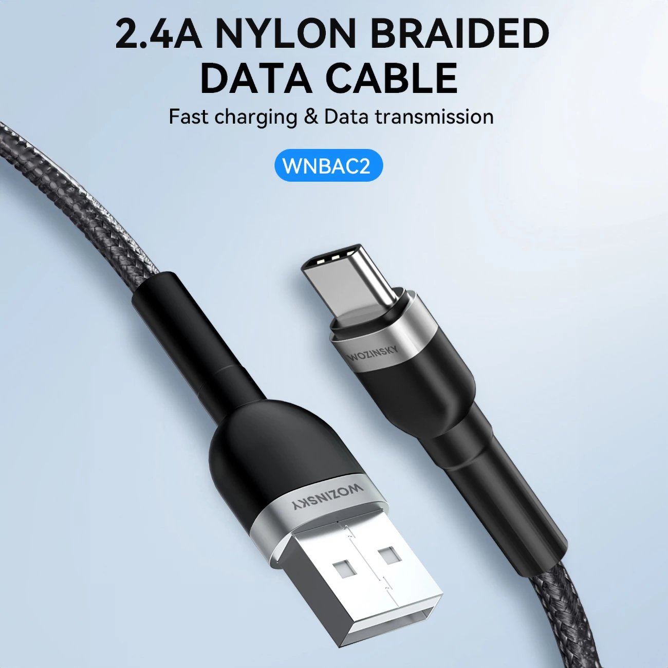 Kabllo USB Wozinsky WNBAC2, USB-A në USB-C, 2 m, 2.4A, najlon, e zezë