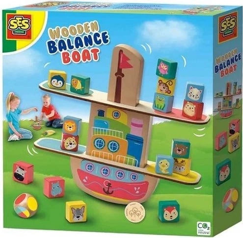 Lojë balancimi prej druri Ses Wooden Balance Boat, për fëmijë, shumëngjyrëshe