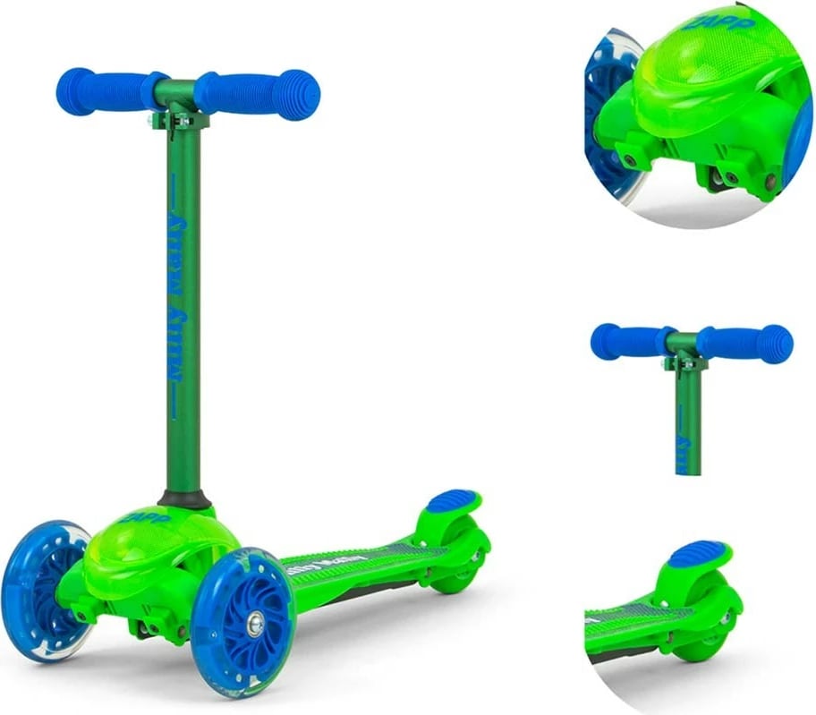 trotinet, Milly Mally, Zapp, 3 rrota, rrota me drita, timon i rregullueshëm 61-66 cm, deri 50 kg, jeshile