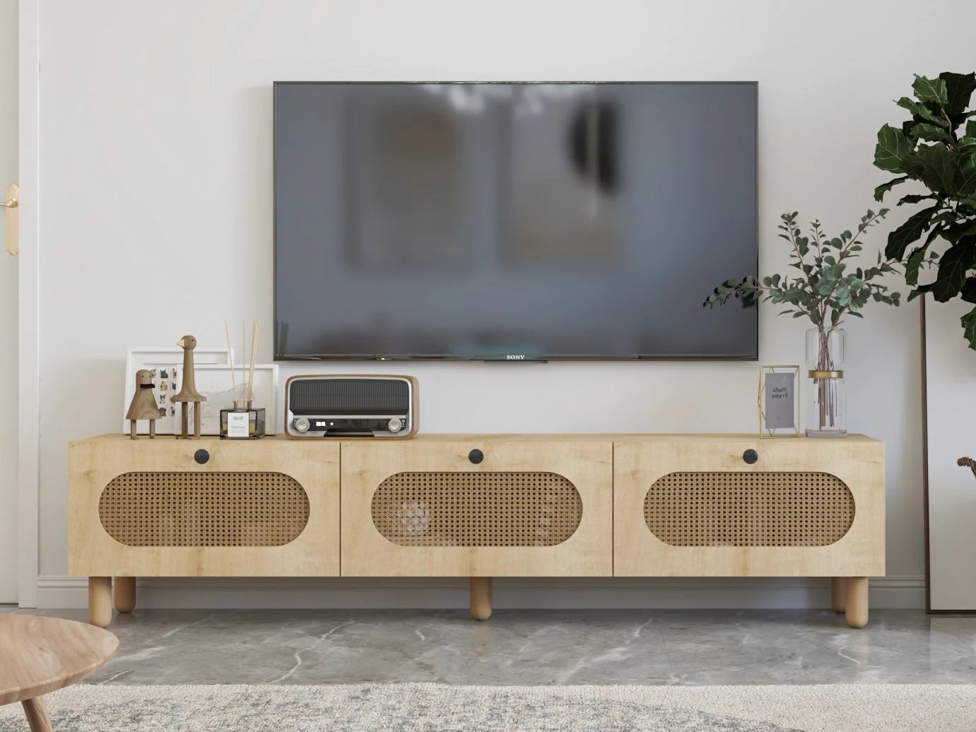 Komodë TV Elena, ngjyrë lis safir, ratan, Skye Decor