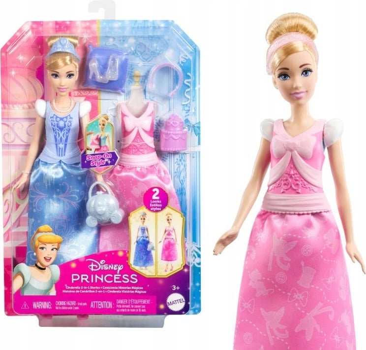 Kukull Disney Princess Cinderella 2-in-1, Mattel JCR95 me dy veshje dhe aksesorë