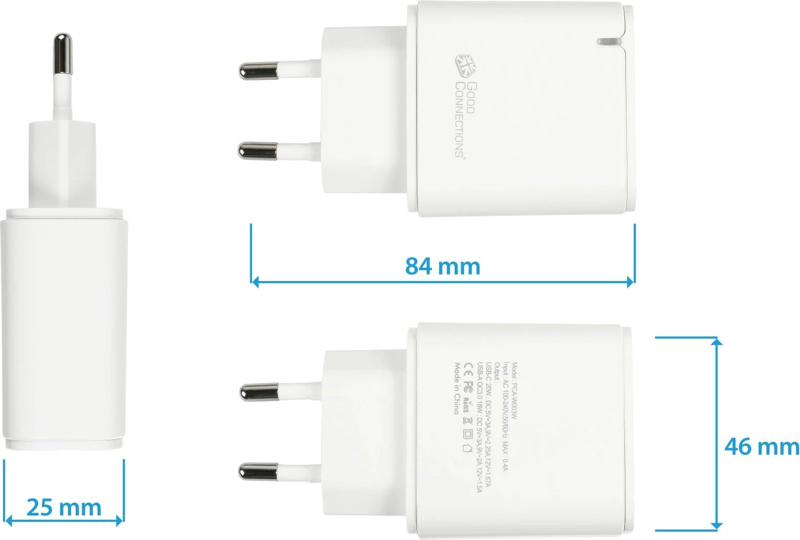 Karikues i shpejtë USB 20W, 2-port (1x USB A, 1x USB C™), PD 3.0, bardhë, Good Connections®