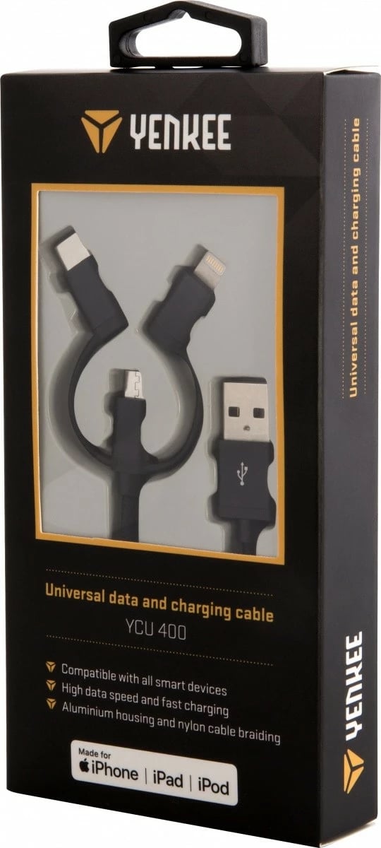 Kabllo universale YENKEE YCU 400BK, 1m, USB A në USB C/Micro USB/Lightning, e zezë