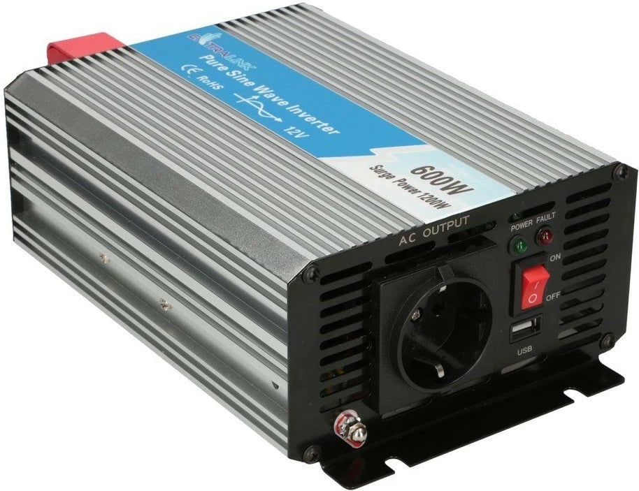 Inverter Extralink OPIP-600W, 600W, 12V në 230V, Pure Sine Wave, USB, zi/çelik