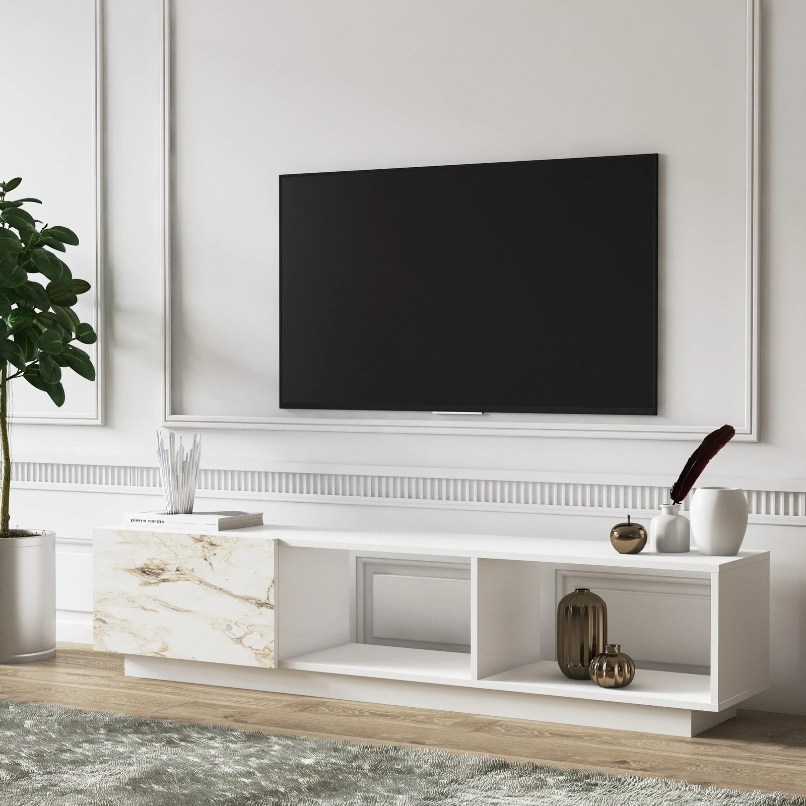 Komodë për TV, Skye Decor, ngjyrë e bardhë, detaje mermeri, Lepando