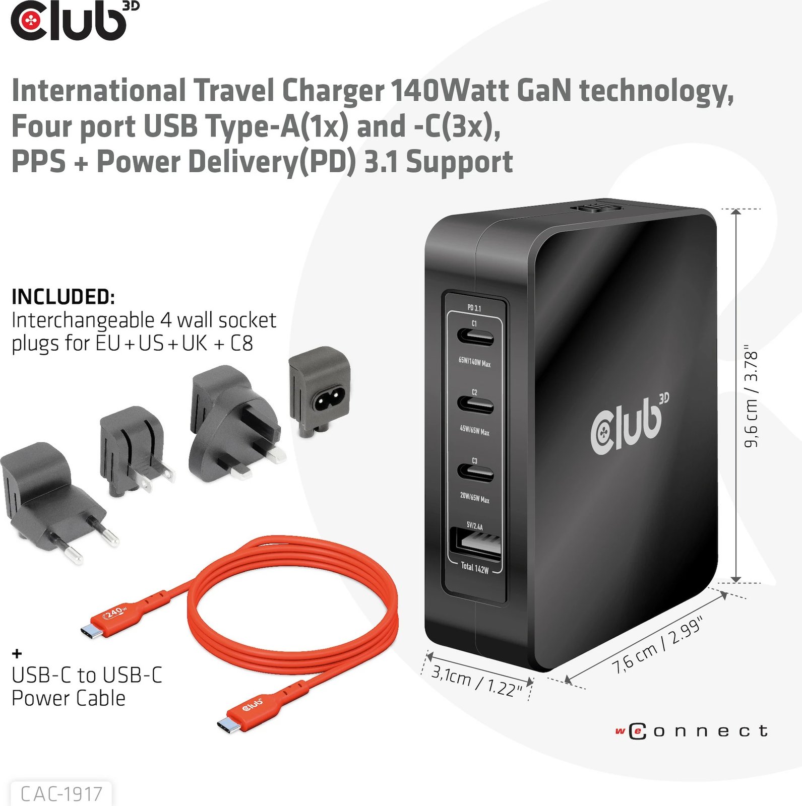 Karikues universal Club3D CAC-1917, 3x USB-C, 1x USB-A, 140W, GaN, i zi