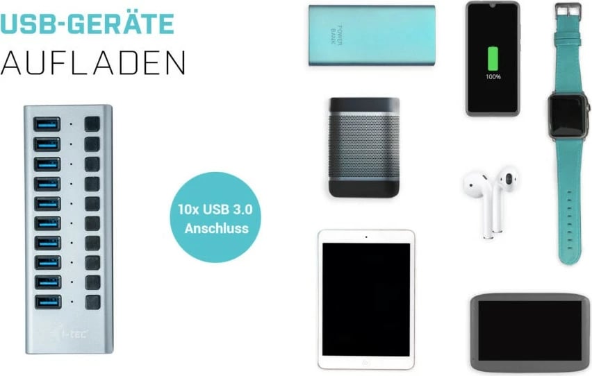 USB HUB I-Tec 10 porta, 48W, USB 3.0, gri