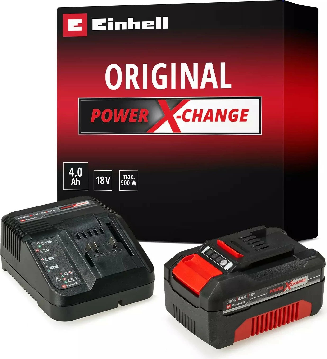 Bateri dhe karikues Einhell Power X-Change 18V 4Ah, e zezë/kuqe