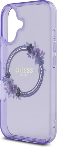 Mbështjellës Guess IML Flowers Wreath MagSafe për iPhone 16, vjollcë