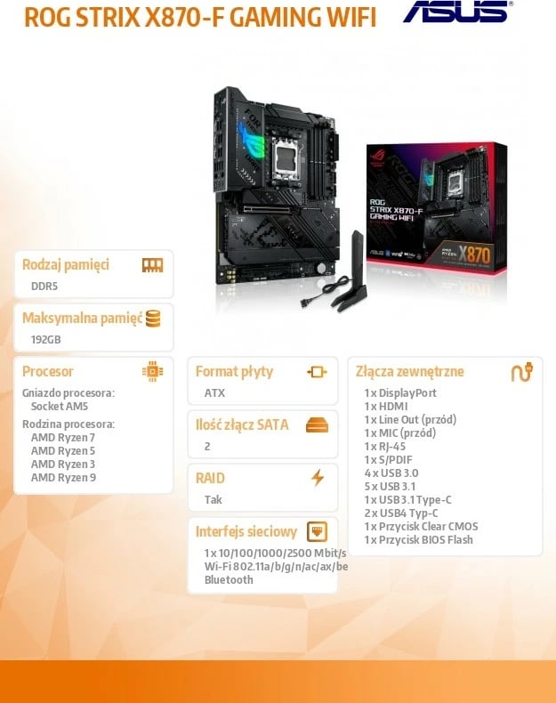 Pllakë amë Asus ROG STRIX X870-F GAMING WIFI, Socket AM5, ATX, DDR5, WiFi 7, e zezë