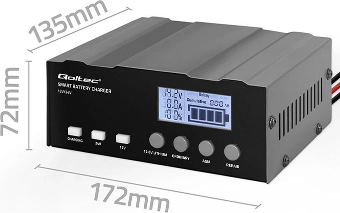 Karikues baterie Qoltec 52491, inteligjent, 12V/12.6V/24V, me funksion riparimi, me ekran LCD