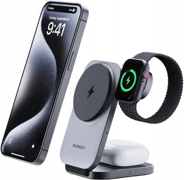 Karikues wireless 3-në-1 AUKEY LC-MC312 MagSafe Qi2, 15W + Karikues PD 30W, Gri, me etui